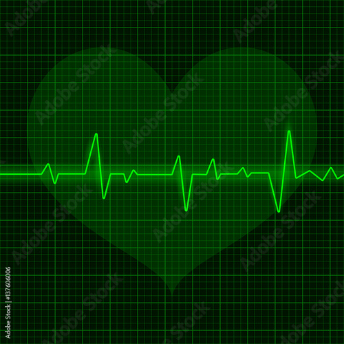 Green electrocardiogram. Waves with heart symbol