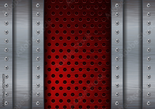 Metal brushed background with red perforated plate
