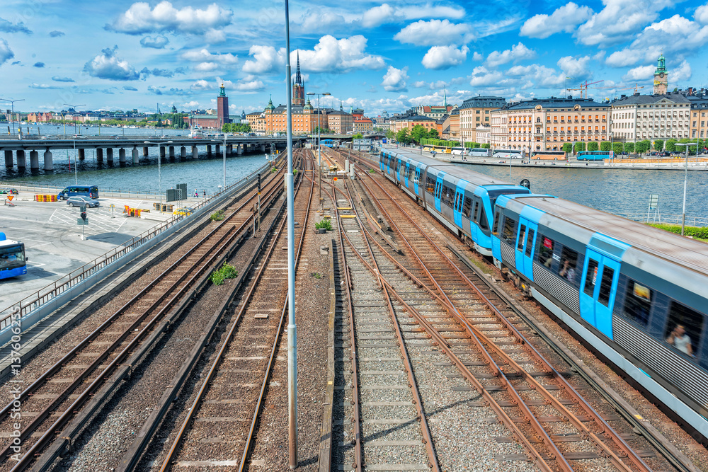 Fototapeta premium Railway tracks and trains in main train station in Stockholm, Sweden