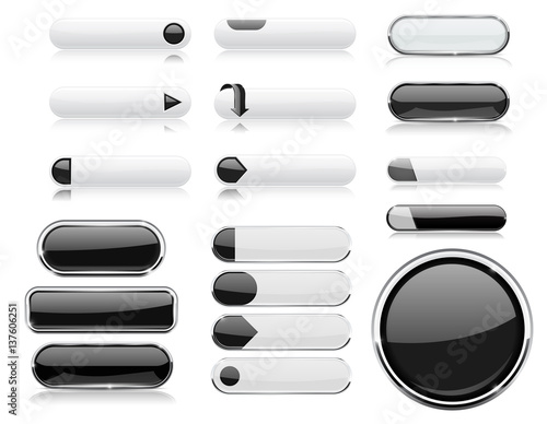 Black and white menu buttons. Interface elements with metal frame