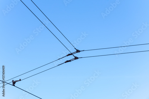 Overhead electric tram lines against a blue sky