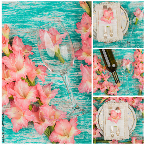 Tableware and silverware with light pink gladiolus on the light background