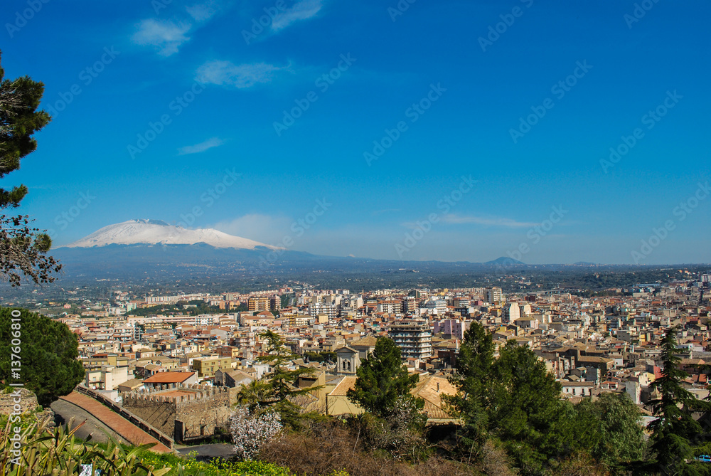 View of Etna mount from historic hill of Paternò. Sicily