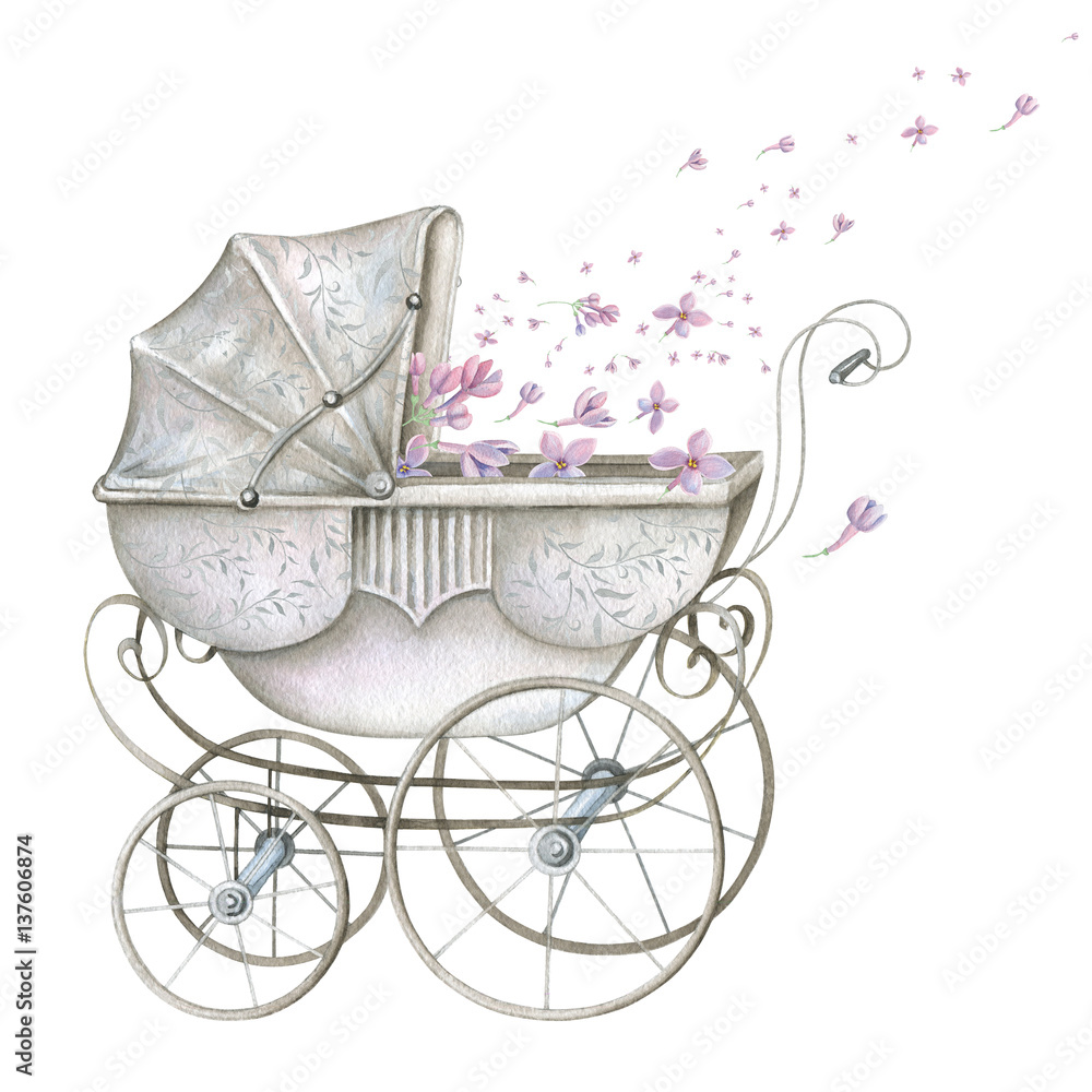 Watercolor Retro Baby Carriage with Pink Flowers