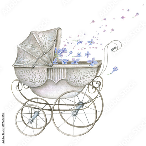 Watercolor Retro Baby Carriage with Blue Flowers