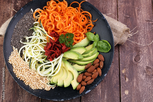 Canvas Print superfood: bowl with zucchini carrot noodles, avocado, goji and chia seeds on wo