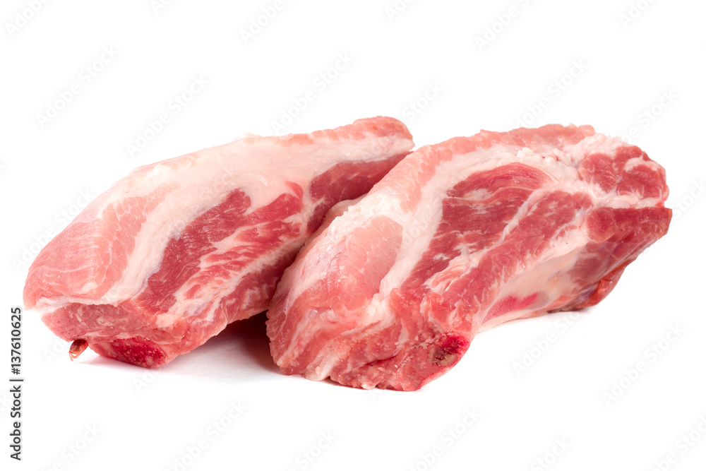 two pieces of pork isolated on white background two pieces of pork isolated on white background