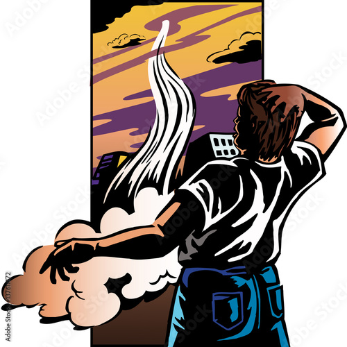 Astonished man watches as  a rocket/spaceship disappears into the clouds.

