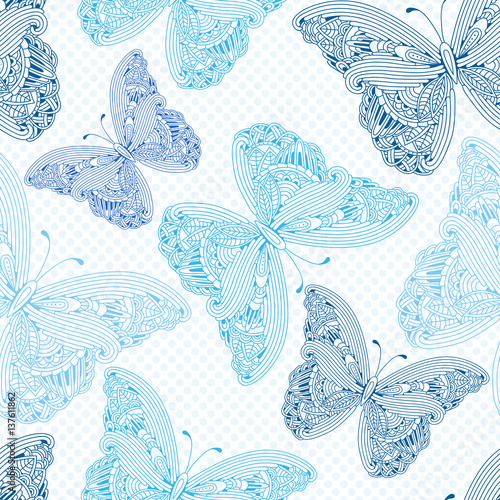 Seamless pattern with yand drawn zen art butterflies on a polka dot background.