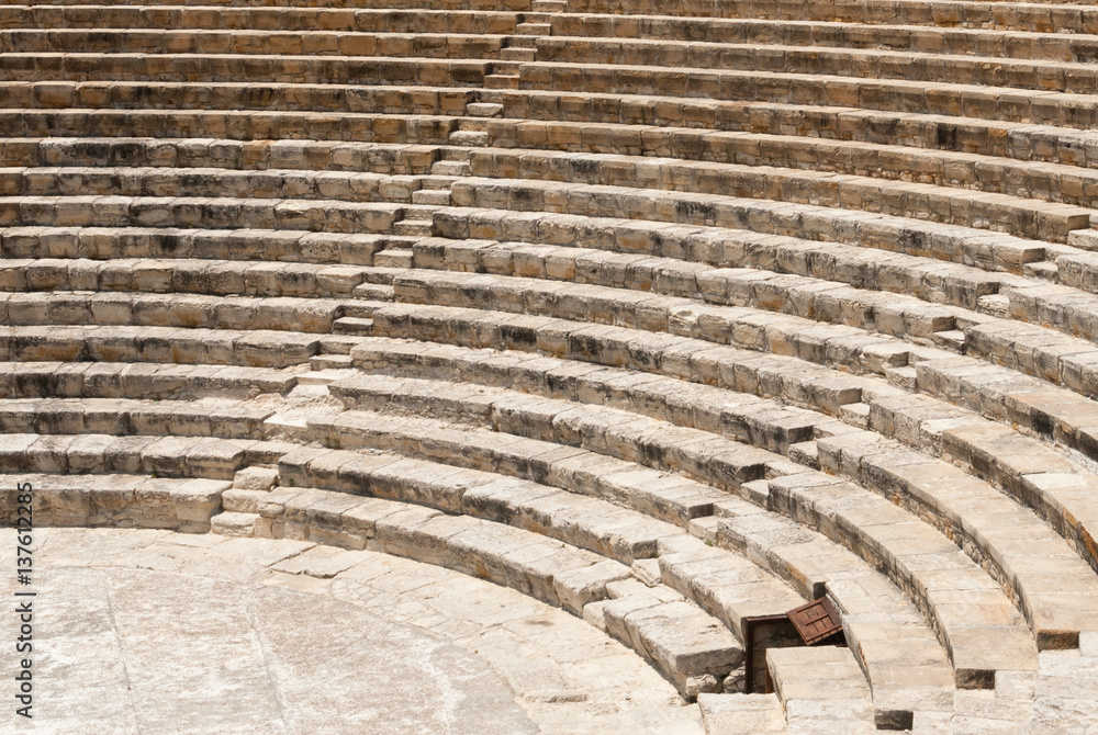 Ancient ruins of Roman Kourion theatre, excavated by the University Museum Expedition in 1950, Cyprus Ancient ruins of Roman Kourion theatre, excavated by the University Museum Expedition in 1950, Cyprus