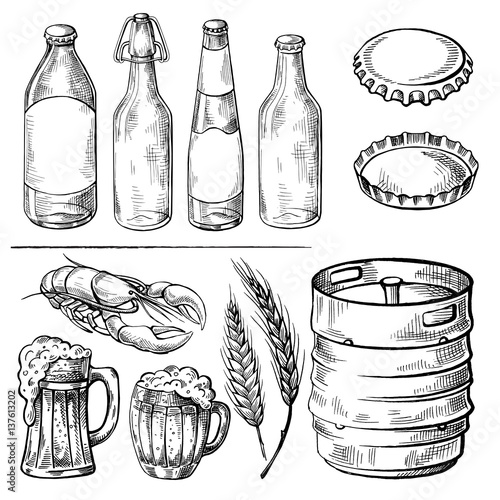 collection of beer items beer tower hops mug and glass in graphic style vector illustration