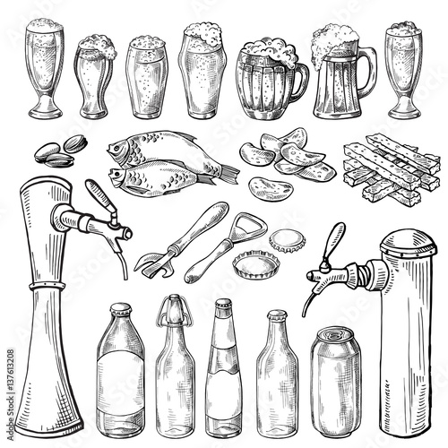 collection of beer items beer mug glass and appetizer in graphic style vector illustration