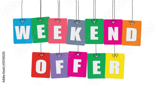 Cardboard hanging - vector colorful. Tags - weekend offer.