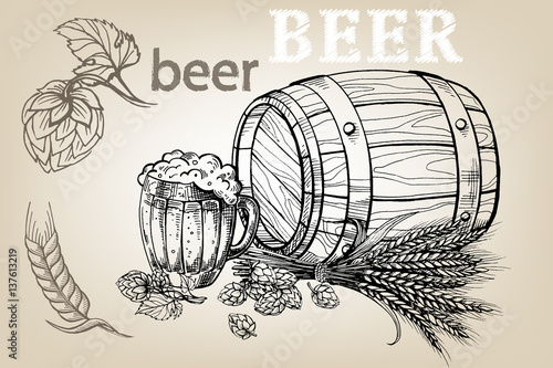 icon with mug, beer, hops, barrel in graphic style vector illustration