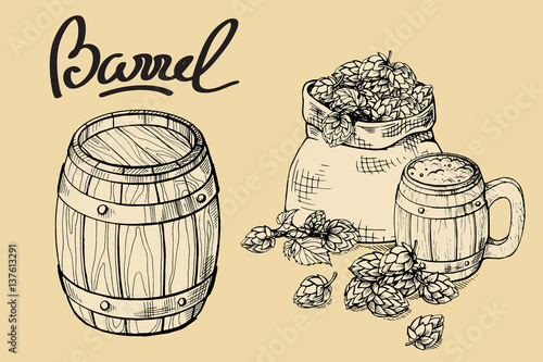 icon with mug, beer, hops, sack in graphic style vector illustration