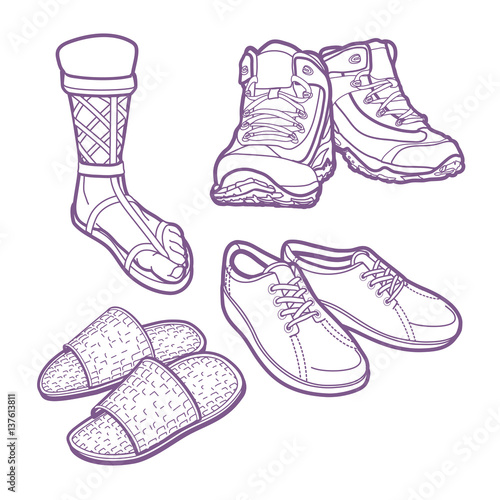 Men's shoe fashions, Greek sandles, hiking shoes, slippers and desert shoes.
