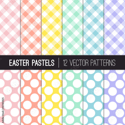 Easter Colors Gingham Plaid and Jumbo Dots Vector Patterns. Soft Shades of Pink, Coral Orange, Yellow, Turquoise, Blue and Lavender Purple. Pattern Tile Swatches Included.