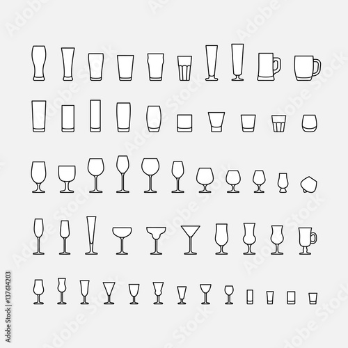 Bar glassware line icons set