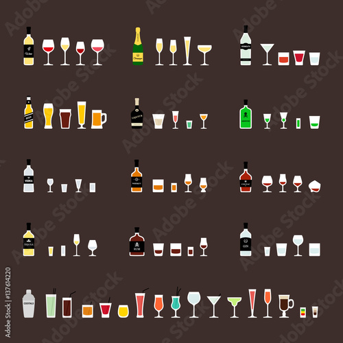 Alcohol drinks, bottles and recommended glasses. Vector icons set in flat style