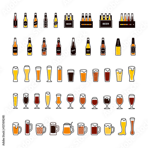 Beer bottles and glasses color icons set. Vector