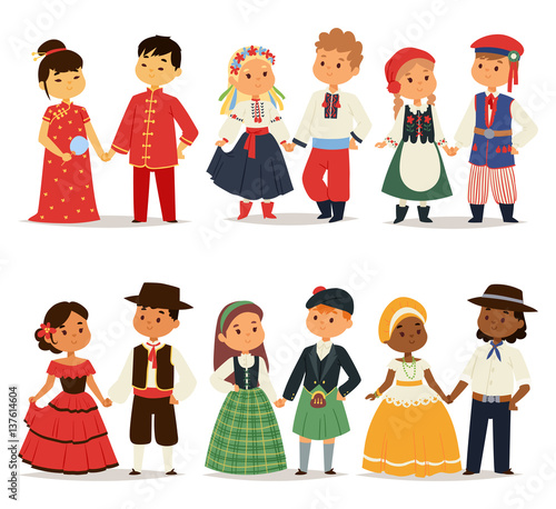 Traditional kids couples character of world dress girls and boys in different national costumes and cute little children nationality dress vector illustration.