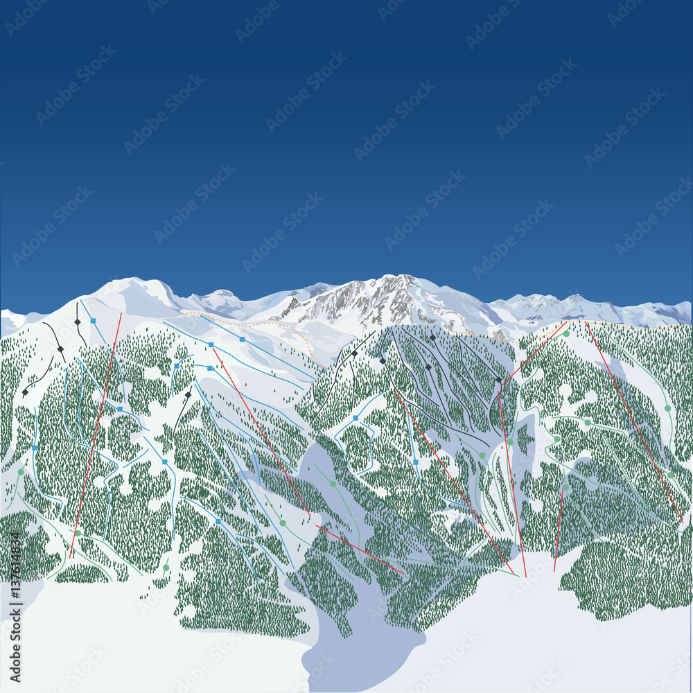 Fototapeta premium West coast of North America ski map. When folded in vertial quarters, the two outside pieces form a snowflake pattern with the tree line.
