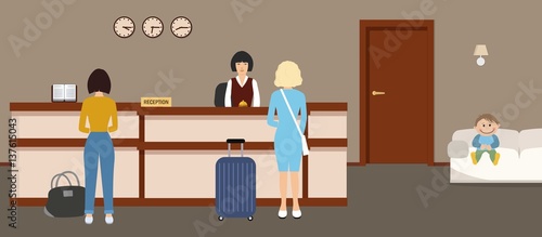 Hotel reception. Young woman receptionist stands at reception desk, in the lobby are also visitors. Travel, hospitality, hotel booking concept. Vector illustration
