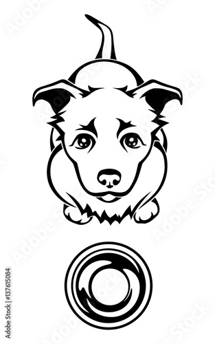 Vector black and white illustration of a hungry dog begging for food with an empty bowl.