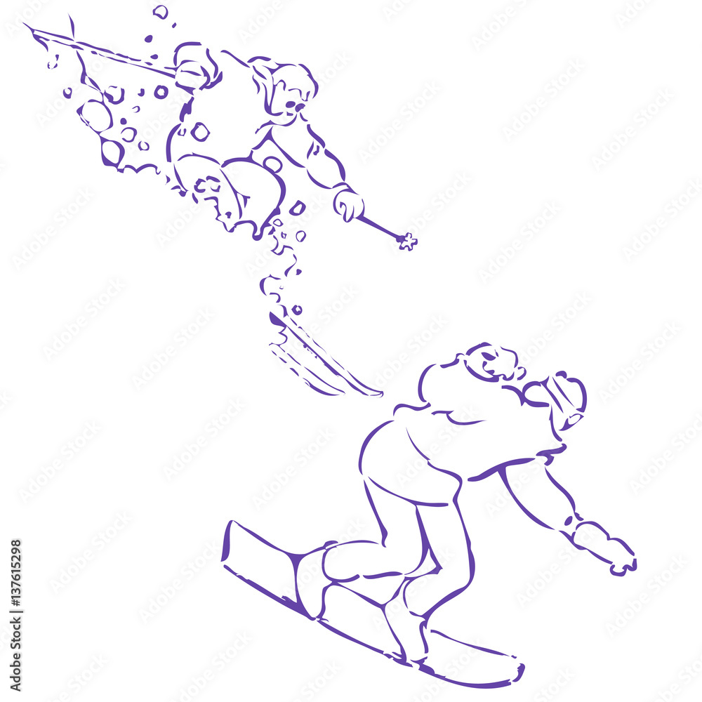 Two sketched figures of a snowboarder and a skier skiing in powder snow.
