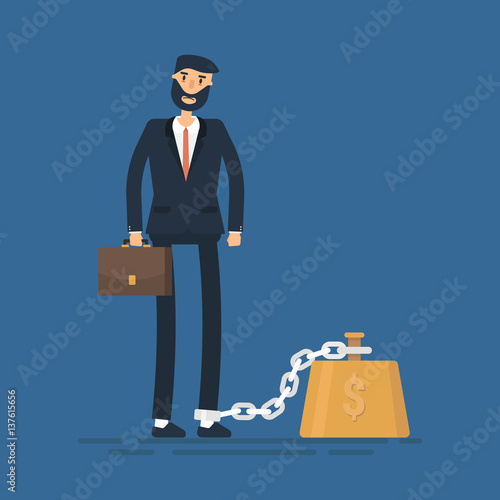 Business man chained to his big heavy debt weight with shackles. Businessman corporate slavery concept. Flat style