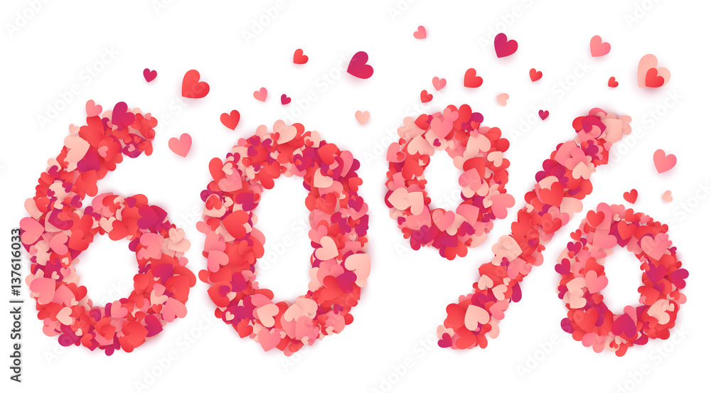 60 percent vector number made from pink and red confetti hearts