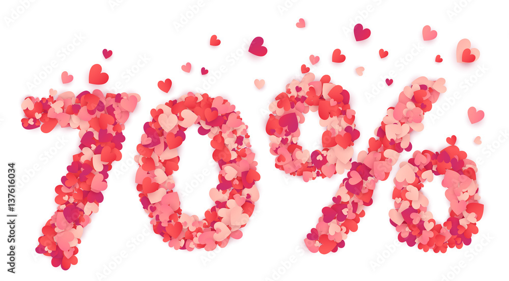 70 percent vector number made from pink and red confetti hearts