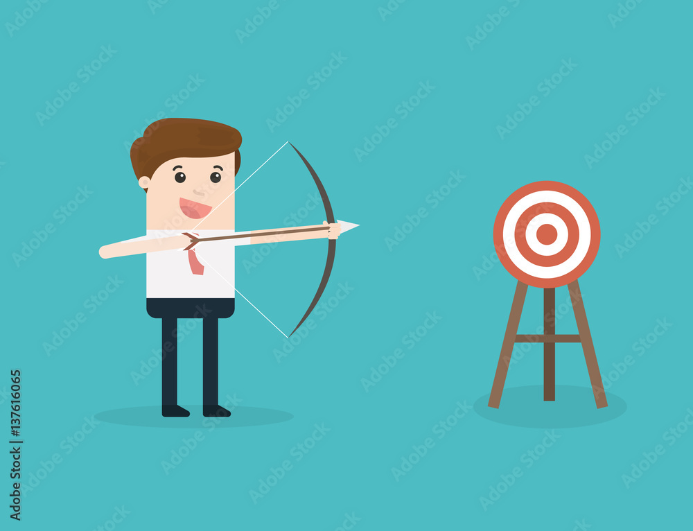 successful businessman aiming target with bow and arrow successful businessman aiming target with bow and arrow
