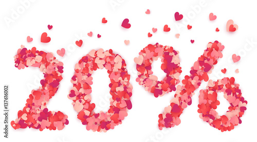 20 percent vector number made from pink and red confetti hearts