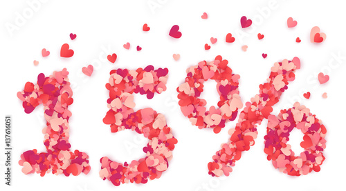 15 percent vector number made from pink and red confetti hearts