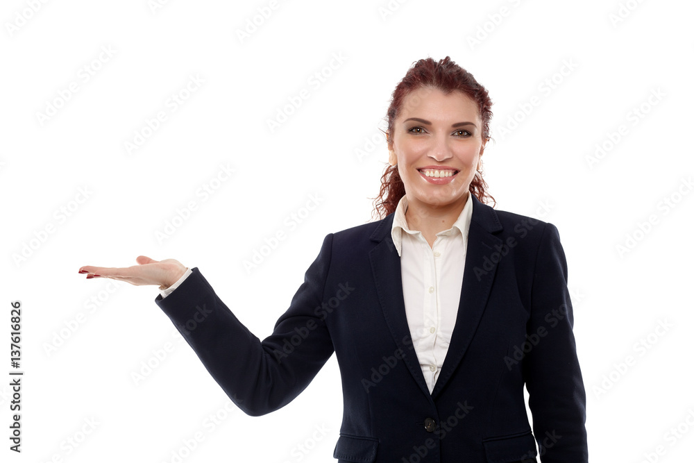 Businesswoman presenting an invisible product Businesswoman presenting an invisible product