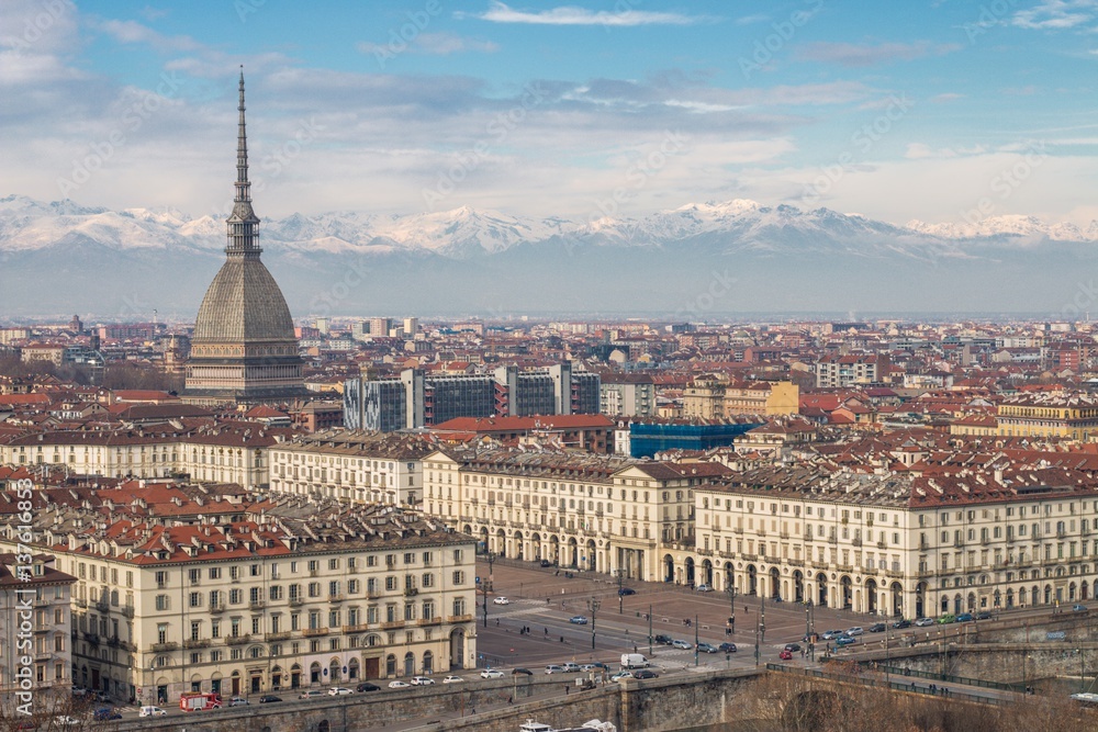 Turin (Torino), Italy - February 15, 2017: View of Turin city center with landmark of Mole Antonelliana