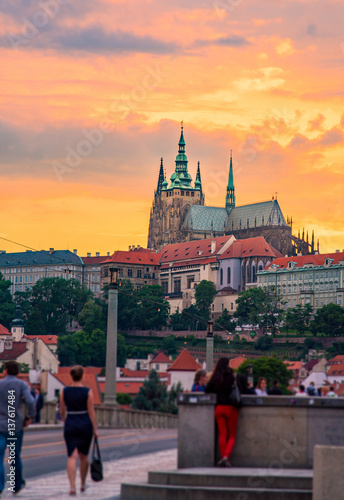 Canvas Print Mánes Bridge and Prague castle on sunset. Blur effect