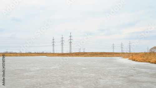 Power line in the countryside at early spring.