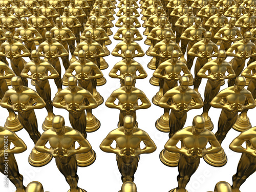 3D render illustration of multiple golden statue awards arranged in a pattern on a white background. photo