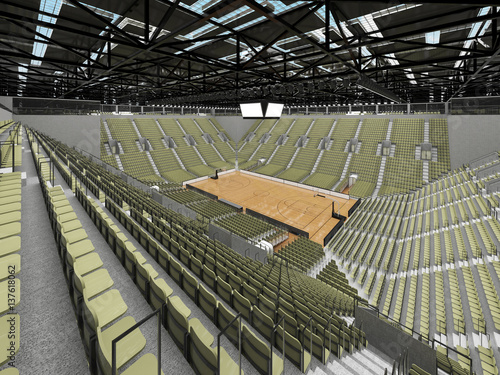 Beautiful sports arena for basketball with gray green seats and VIP boxes