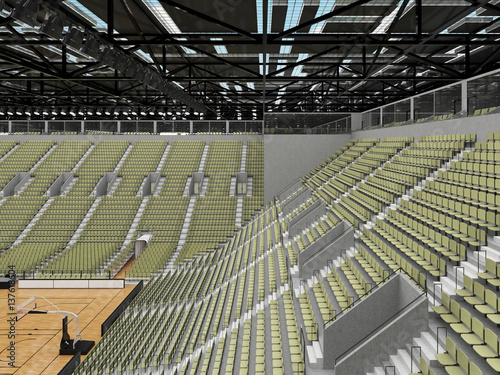 Beautiful sports arena for basketball with gray green seats and VIP boxes