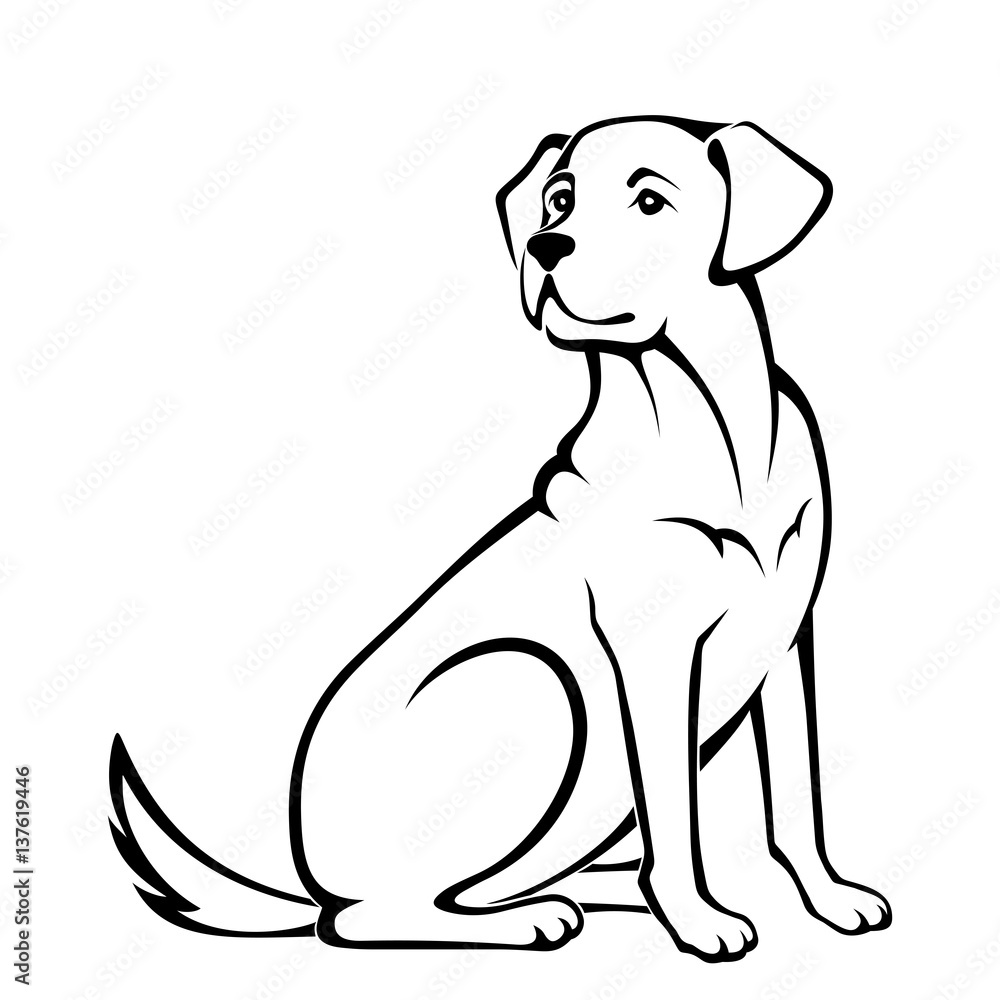 Vector black and white illustration of a sitting dog isolated on a