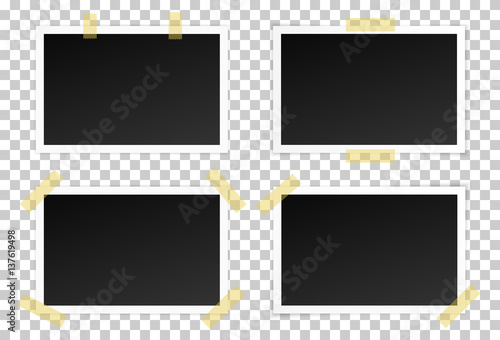Vector set of black photo frames with various shadows. Glued with adhesive tape mock up of photo