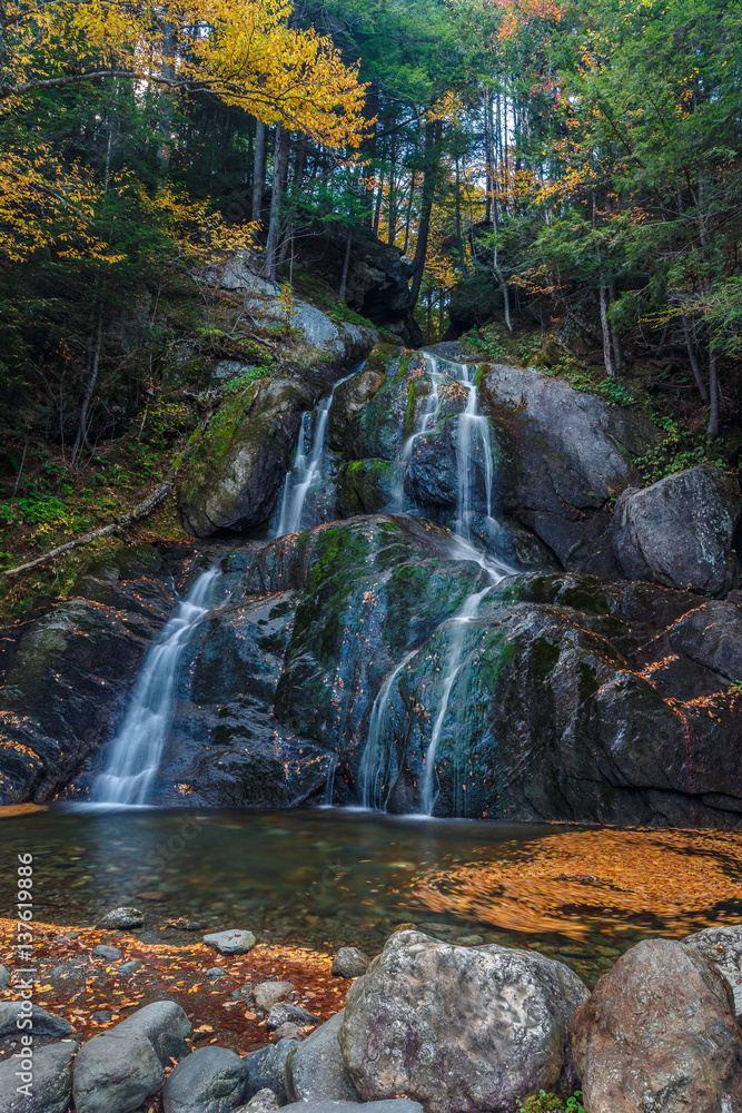 Obraz premium Waterfall in autumn with yellow leaves and silky water