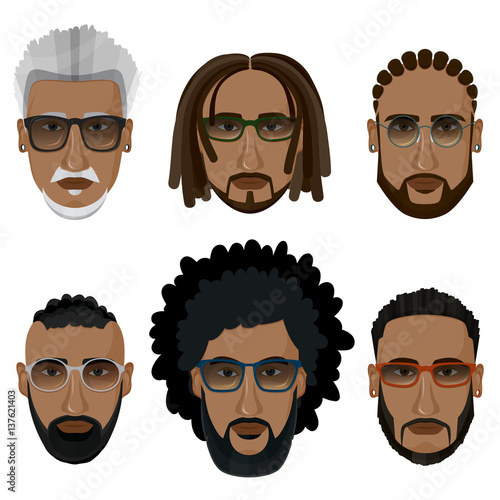 Hipsters bearded african men with different hairstyles, mustaches, beards isolated on white background.