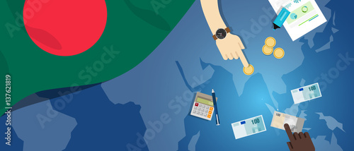 Bangladesh Daka economy fiscal money trade concept illustration of financial banking budget with flag map and currency