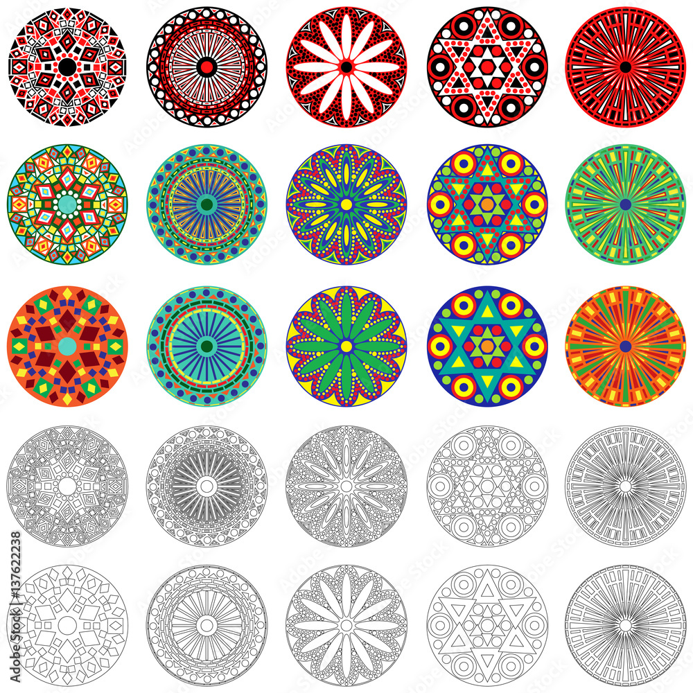 Set of stylized geometric round flowers Set of stylized geometric round flowers