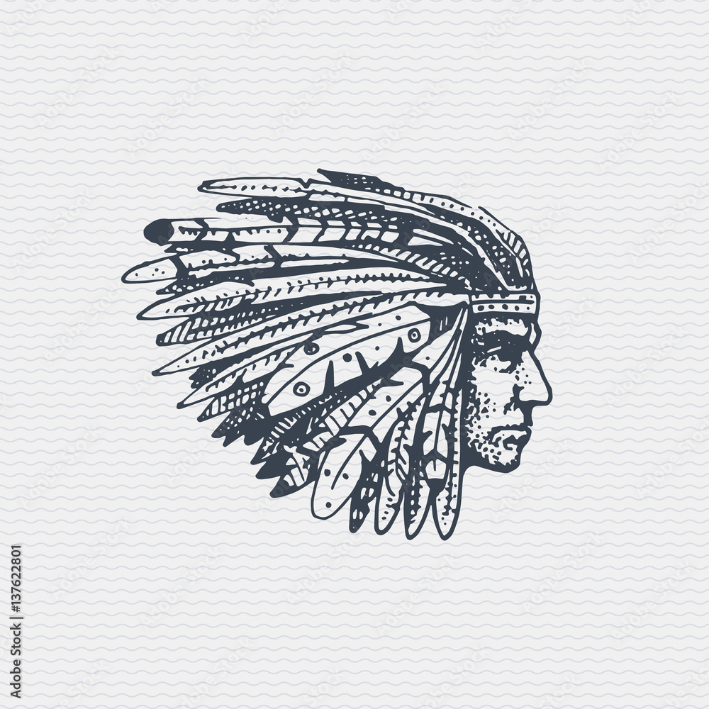 vintage old logo or badge, label engraved and old hand drawn style with  indian face, native american with feathers in hair Stock Vector | Adobe  Stock