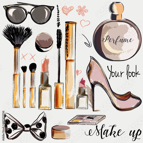 set of vector make up accessories lipstick mascara perfume brushes in watercolor style